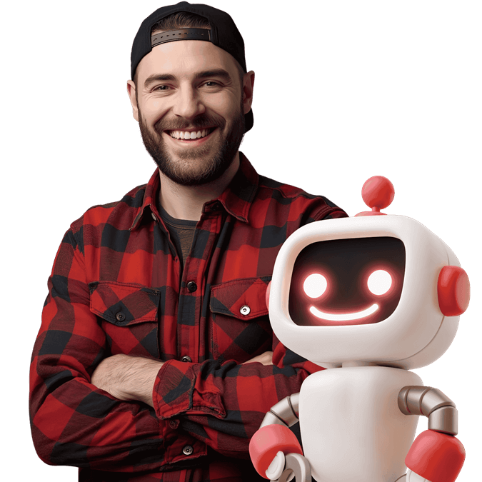 Smiling roofer in a red flannel shirt standing beside a friendly robot assistant